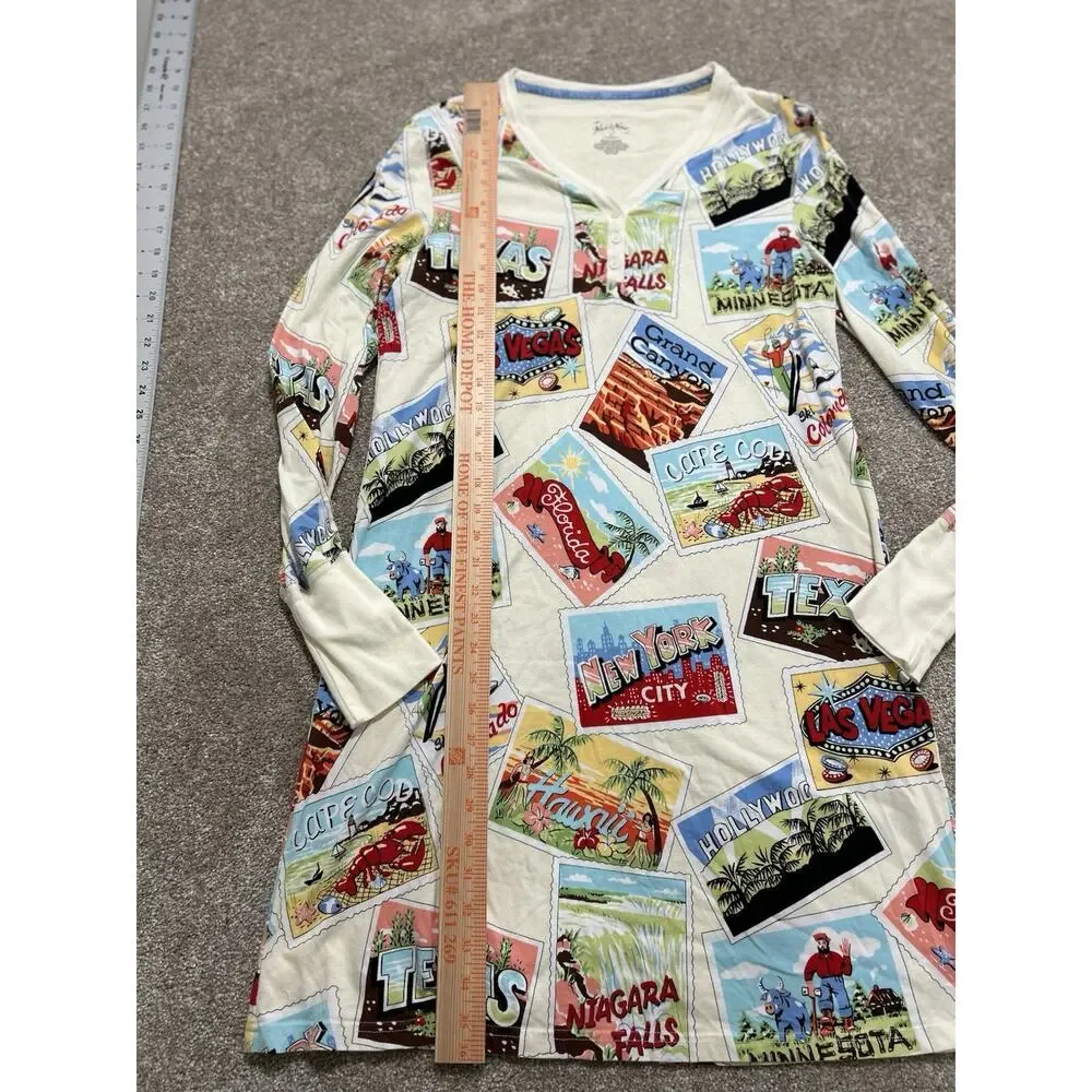 Nick & Nora‎ Travel Postcard Print Long Sleeve Pajama Dress Nightgown Size Small